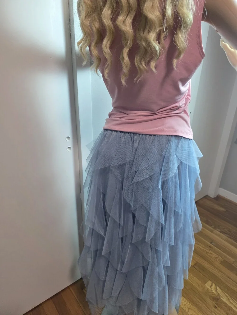 ​Dusty Blue Tiered Tulle Layered Mesh Ruffle Maxi Skirt - Size L